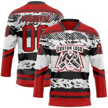 Laden Sie das Bild in den Galerie-Viewer, Custom White Red-Black 3D Pattern Abstract Detroit Inspired Line Hockey Lace Neck Jersey