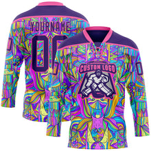 Load image into Gallery viewer, Custom Purple Pink-Yellow 3D Pattern Trippy Psychedelic Hockey Lace Neck Jersey