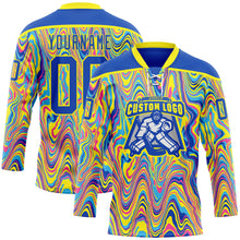 Load image into Gallery viewer, Custom Yellow Thunder Blue Pink-Light Yellow 3D Pattern Trippy Psychedelic Fluid Hockey Lace Neck Jersey