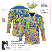 Load image into Gallery viewer, Custom Yellow Thunder Blue Pink-Light Yellow 3D Pattern Trippy Psychedelic Fluid Hockey Lace Neck Jersey