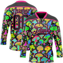 Laden Sie das Bild in den Galerie-Viewer, Custom Black Hot Pink 3D Pattern Trippy Psychedelic Magic Mushrooms Hockey Lace Neck Jersey