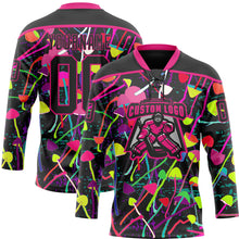 Laden Sie das Bild in den Galerie-Viewer, Custom Black Hot Pink 3D Pattern Trippy Psychedelic Magic Mushrooms Hockey Lace Neck Jersey