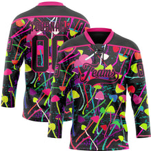 Laden Sie das Bild in den Galerie-Viewer, Custom Black Hot Pink 3D Pattern Trippy Psychedelic Magic Mushrooms Hockey Lace Neck Jersey