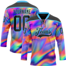 Laden Sie das Bild in den Galerie-Viewer, Custom Black Sky Blue Yellow-Green 3D Pattern Trippy Psychedelic Neon Trendy Holographic Vaporwave Style Hockey Lace Neck Jersey