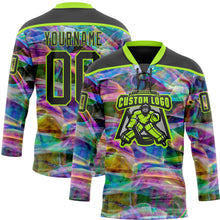 Laden Sie das Bild in den Galerie-Viewer, Custom Black Neon Green 3D Pattern Trippy Psychedelic Trendy Holographic Vaporwave Style Hockey Lace Neck Jersey