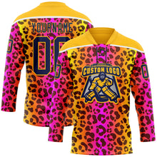 Загрузить изображение в средство просмотра галереи, Custom Gold Navy-Pink 3D Pattern Leopard Print Neon Hockey Lace Neck Jersey
