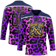 Charger l'image dans la galerie, Custom Purple Navy Pink-Gold 3D Pattern Leopard Print Neon Hockey Lace Neck Jersey