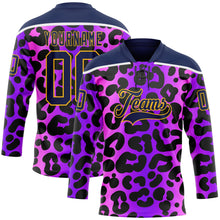 Charger l'image dans la galerie, Custom Purple Navy Pink-Gold 3D Pattern Leopard Print Neon Hockey Lace Neck Jersey