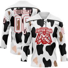 Load image into Gallery viewer, Custom White Black-Red 3D Pattern Cow Print Neon Hockey Lace Neck Jersey