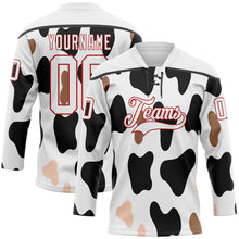 Load image into Gallery viewer, Custom White Black-Red 3D Pattern Cow Print Neon Hockey Lace Neck Jersey