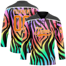 Charger l'image dans la galerie, Custom Black Bay Orange Purple Pink Green-White 3D Pattern Zebra Print Neon Hockey Lace Neck Jersey