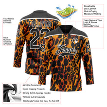 Load image into Gallery viewer, Custom Orange Black-White 3D Pattern Leopard Print Hockey Lace Neck Jersey