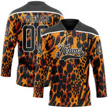 Load image into Gallery viewer, Custom Orange Black-White 3D Pattern Leopard Print Hockey Lace Neck Jersey