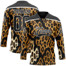 Загрузить изображение в средство просмотра галереи, Custom Black Brown Cream-White 3D Pattern Leopard Print Hockey Lace Neck Jersey