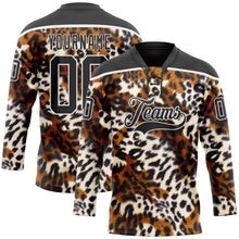 Загрузить изображение в средство просмотра галереи, Custom Black Brown Cream-White 3D Pattern Leopard Print Hockey Lace Neck Jersey