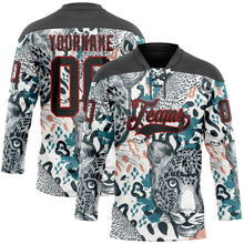 Load image into Gallery viewer, Custom White Black Blue-Red 3D Pattern Leopard Hockey Lace Neck Jersey