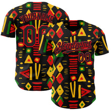 Load image into Gallery viewer, Custom Black Fire Red Green-Yellow 3D Pattern Design Black History Month African Ethnicity Style Abstract Geometric Authentic Baseball Jersey