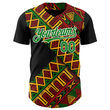Load image into Gallery viewer, Custom Black Kelly Green Red Yellow-White 3D Pattern Design Black History Month African Ethnicity Style Abstract Geometric Authentic Baseball Jersey