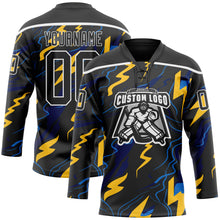 Charger l'image dans la galerie, Custom Black Yellow Blue-White 3D Pattern Lightning Hockey Lace Neck Jersey