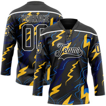 Charger l'image dans la galerie, Custom Black Yellow Blue-White 3D Pattern Lightning Hockey Lace Neck Jersey