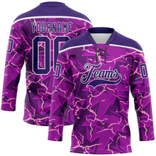 Charger l'image dans la galerie, Custom Purple Black Pink-White 3D Pattern Lightning Hockey Lace Neck Jersey