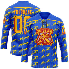 Charger l'image dans la galerie, Custom Thunder Blue Gold-Red 3D Pattern Lightning Hockey Lace Neck Jersey