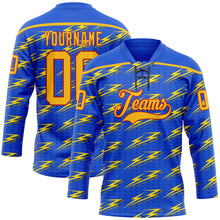 Charger l'image dans la galerie, Custom Thunder Blue Gold-Red 3D Pattern Lightning Hockey Lace Neck Jersey