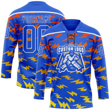 Load image into Gallery viewer, Custom Thunder Blue Red Yellow-White 3D Pattern Lightning Hockey Lace Neck Jersey
