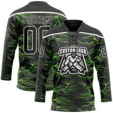 Laden Sie das Bild in den Galerie-Viewer, Custom Black Green-White 3D Pattern Lightning Hockey Lace Neck Jersey