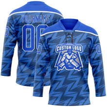 Laden Sie das Bild in den Galerie-Viewer, Custom Thunder Blue White 3D Pattern Lightning Hockey Lace Neck Jersey