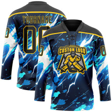 Загрузить изображение в средство просмотра галереи, Custom Black Blue Yellow-White 3D Pattern Lightning Hockey Lace Neck Jersey