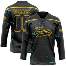Charger l'image dans la galerie, Custom Black Blue-Yellow 3D Pattern Lightning Hockey Lace Neck Jersey