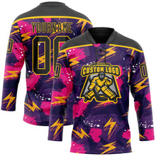 Charger l'image dans la galerie, Custom Purple Black Pink-Yellow 3D Pattern Lightning Hockey Lace Neck Jersey