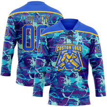 Load image into Gallery viewer, Custom Blue Thunder Blue-Yellow 3D Pattern Lightning Hockey Lace Neck Jersey