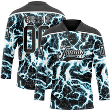 Charger l'image dans la galerie, Custom Black Blue-White 3D Pattern Lightning Hockey Lace Neck Jersey