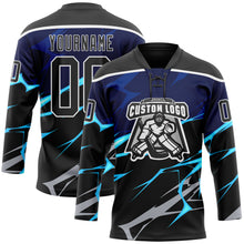 Charger l'image dans la galerie, Custom Black Blue Gray-White 3D Pattern Lightning Hockey Lace Neck Jersey