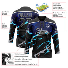 Charger l'image dans la galerie, Custom Black Blue Gray-White 3D Pattern Lightning Hockey Lace Neck Jersey