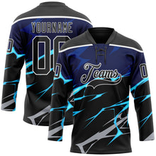 Charger l'image dans la galerie, Custom Black Blue Gray-White 3D Pattern Lightning Hockey Lace Neck Jersey