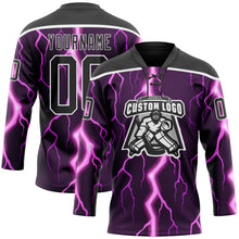 Charger l'image dans la galerie, Custom Black Purple Pink-White 3D Pattern Lightning Hockey Lace Neck Jersey