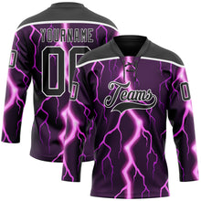 Charger l'image dans la galerie, Custom Black Purple Pink-White 3D Pattern Lightning Hockey Lace Neck Jersey