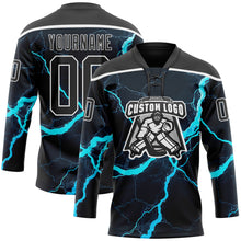 Charger l'image dans la galerie, Custom Black Blue-White 3D Pattern Lightning Hockey Lace Neck Jersey