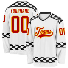 Laden Sie das Bild in den Galerie-Viewer, Custom White Red Gold-Black 3D Pattern Plaid Hockey Jersey