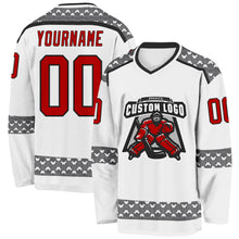 Laden Sie das Bild in den Galerie-Viewer, Custom White Red Gray-Black 3D Pattern Plaid Hockey Jersey