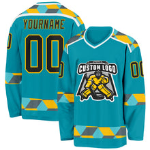 Load image into Gallery viewer, Custom Teal Black Yellow Gray-White 3D Pattern Plaid Hockey Jersey