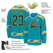 Load image into Gallery viewer, Custom Teal Black Yellow Gray-White 3D Pattern Plaid Hockey Jersey