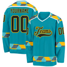 Load image into Gallery viewer, Custom Teal Black Yellow Gray-White 3D Pattern Plaid Hockey Jersey