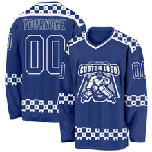 Load image into Gallery viewer, Custom Royal White 3D Pattern Plaid Hockey Jersey