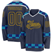 Загрузить изображение в средство просмотра галереи, Custom Navy Blue Gold-White 3D Pattern Plaid Hockey Jersey