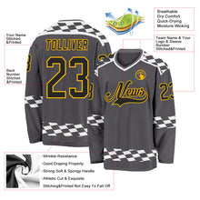 Laden Sie das Bild in den Galerie-Viewer, Custom Steel Gray Black Gold-White 3D Pattern Plaid Hockey Jersey