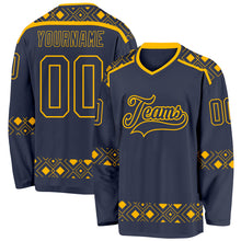 Charger l'image dans la galerie, Custom Navy Gold 3D Pattern Plaid Hockey Jersey